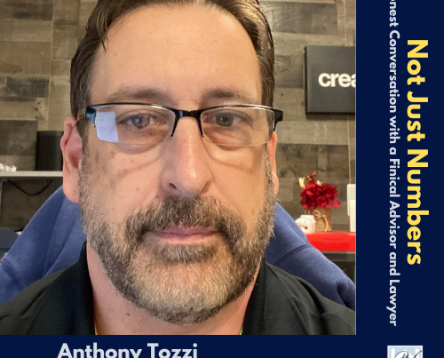 Anthony Tozzi, Owner of Regerts Ink Removal, featured on the Not Just Numbers podcast. He is wearing glasses and has a short beard. The podcast branding is visible on the right side, with the title 'Not Just Numbers: Honest Conversation with a Financial Advisor and Lawyer.