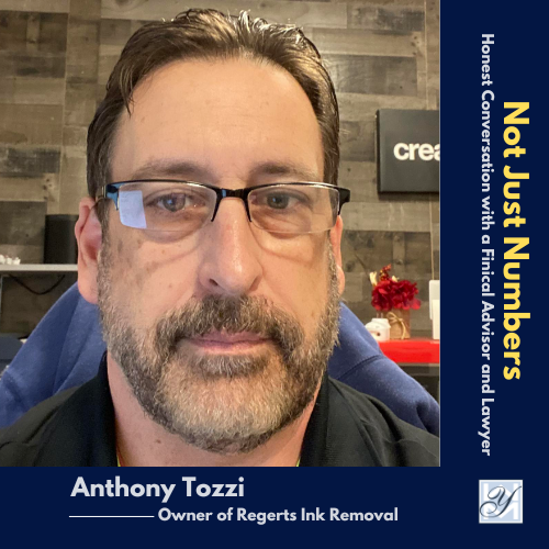 Anthony Tozzi, Owner of Regerts Ink Removal, featured on the Not Just Numbers podcast. He is wearing glasses and has a short beard. The podcast branding is visible on the right side, with the title 'Not Just Numbers: Honest Conversation with a Financial Advisor and Lawyer.