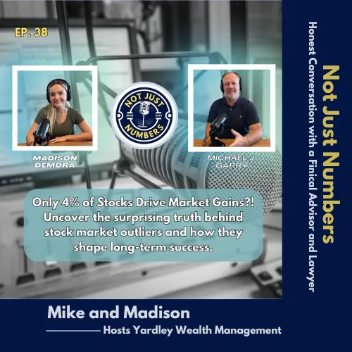 Promotional graphic for Not Just Numbers Podcast Episode 38, titled 'Only 4% of Stocks Drive Market Gains! Uncover the Surprising Truth Behind Stocks.' Features hosts Madison Demora and Mike Garry from Yardley Wealth Management, with a background image of a podcast recording setup.